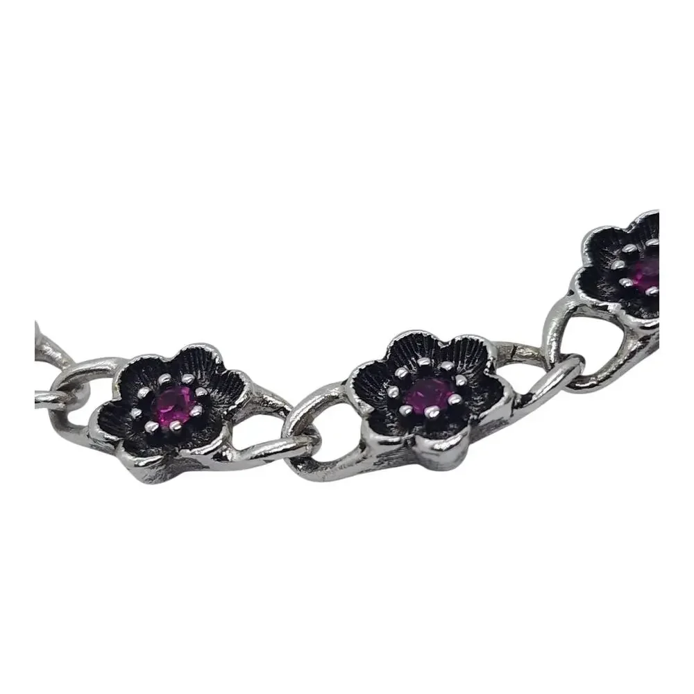 Vintage Avon Floral Link Bracelet Silver Tone Purple Rhinestone Flower 7.5